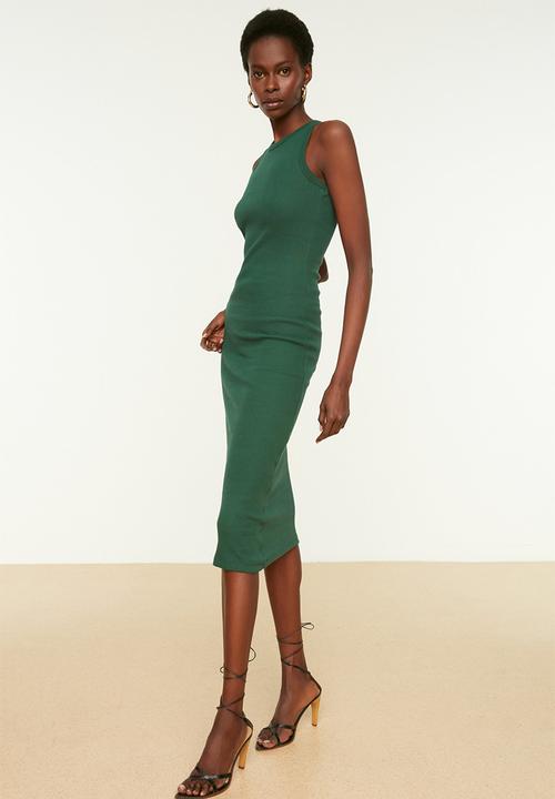 Trendyol - Halterneck fitted ripple flexible midi knit dress - dark green