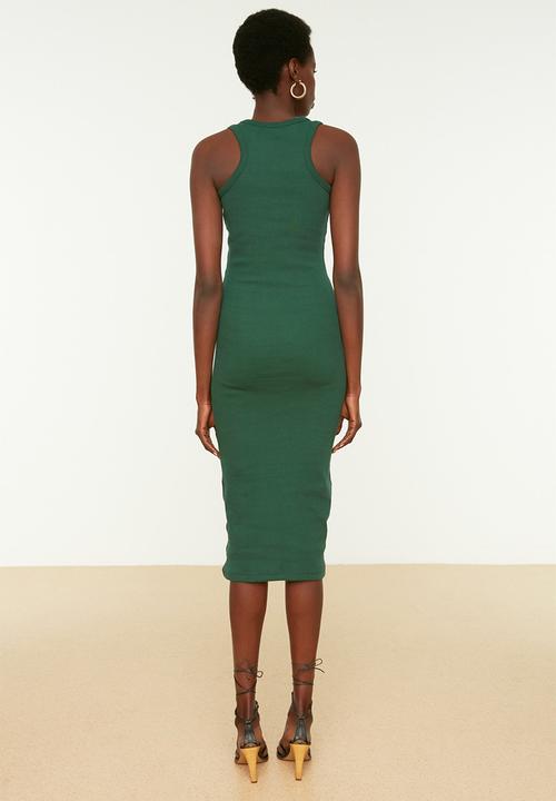 Trendyol - Halterneck fitted ripple flexible midi knit dress - dark green