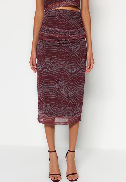 Trendyol - Printed tulle fitted high waist - burgundy