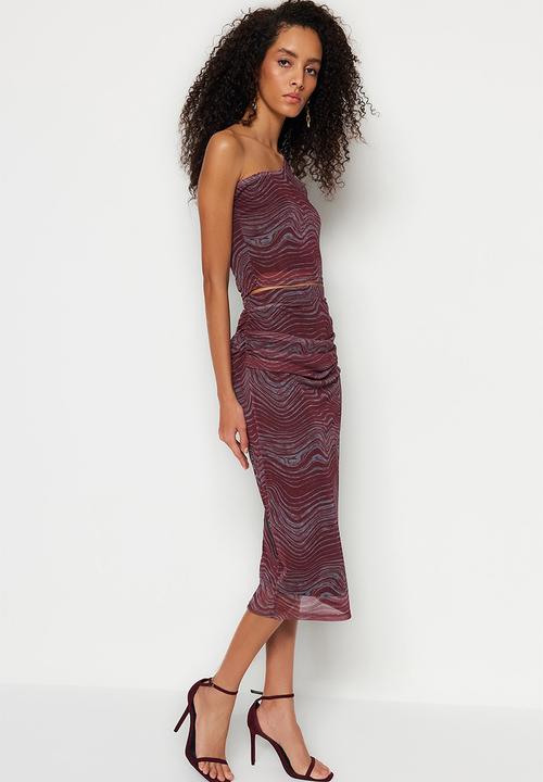 Trendyol - Printed tulle fitted high waist - burgundy