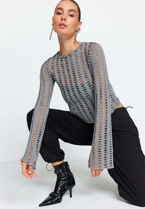 Trendyol - Mesh spanish sleeve slim fit crop blouse - grey