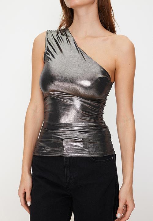 Trendyol - Foil/glossy print one-sleeve fitted knit blouse - grey