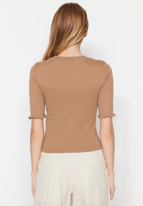 Trendyol - Fitted basic corduroy knitted blouse - mink