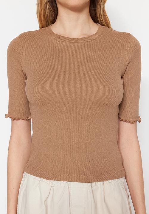 Trendyol - Fitted basic corduroy knitted blouse - mink