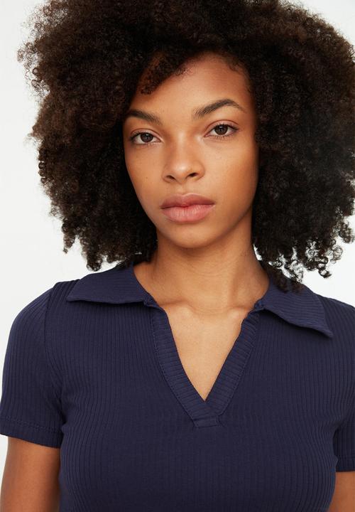 Trendyol - Crop polo neck ribbed knit blouse - dark blue
