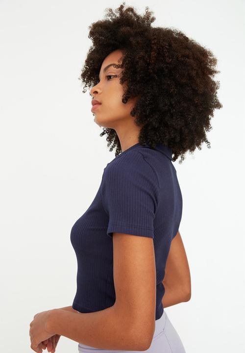 Trendyol - Crop polo neck ribbed knit blouse - dark blue
