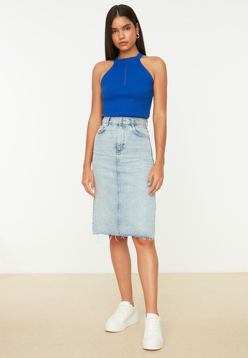 Trendyol - Basic halter neck knitwear blouse - sax