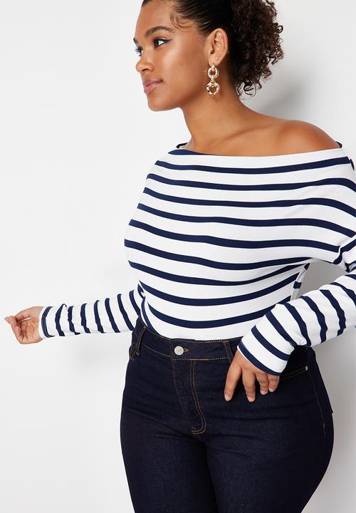 Trendyol - Plus navy blue striped premium boat neck knit blouse - light navy blue