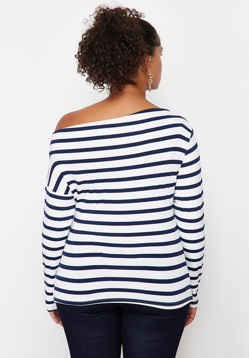 Trendyol - Plus navy blue striped premium boat neck knit blouse - light navy blue