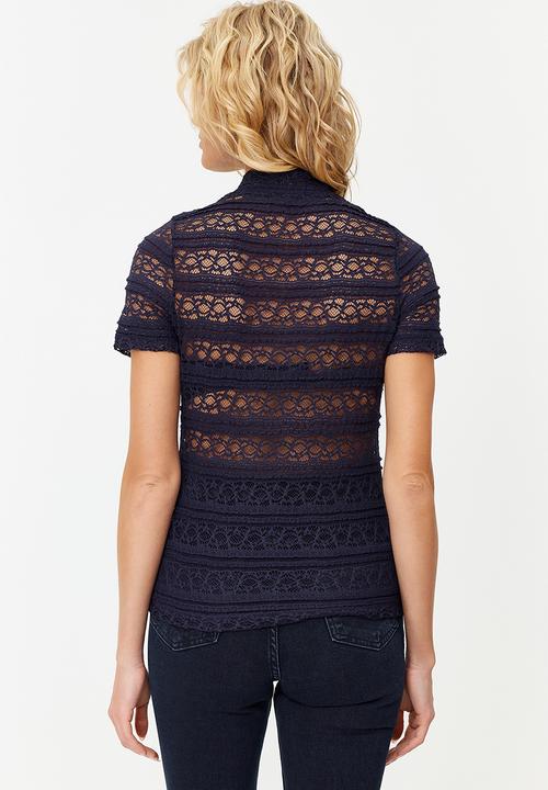 Trendyol - Lace regular/normal pattern high collar knitted blouse - dark blue