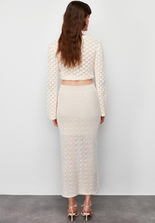 Trendyol - Stone midi lined openwork knit skirt - stone