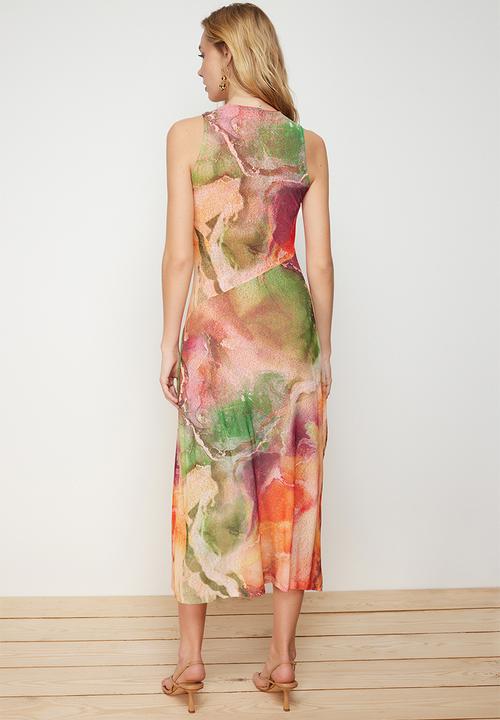 Trendyol - Special textured lined midi slit halter neck knitted dress - orange