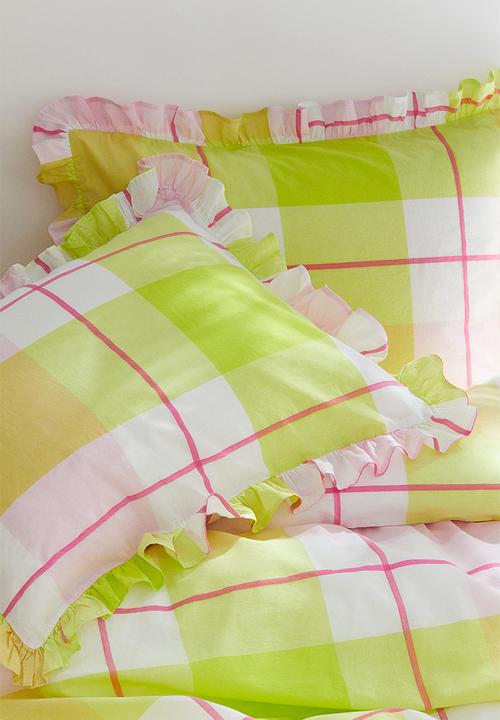 H&M - Washed cotton double/king size duvet cover set - Lime green Checked