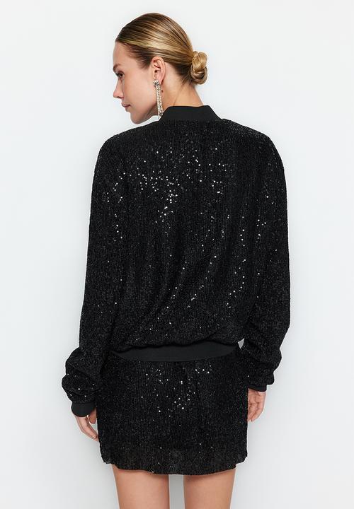 Trendyol - Knitted Sparkly Sequin Bomber Jacket - Schwarz