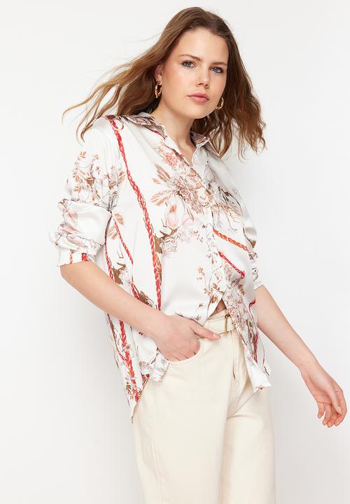 Trendyol - Beige floral print oversize satin shirt - beige