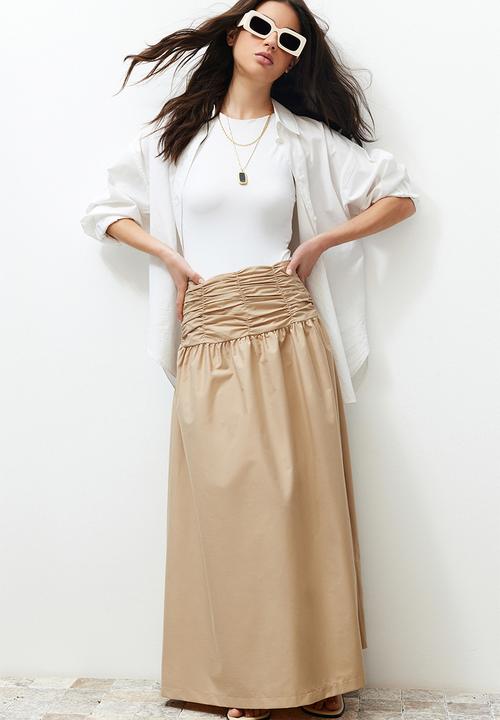 Trendyol - Beige high waisted gathered long skirt - beige