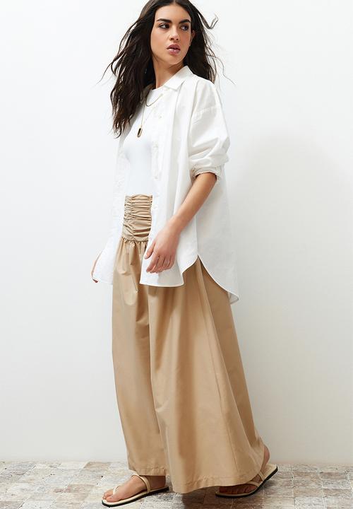 Trendyol - Beige high waisted gathered long skirt - beige