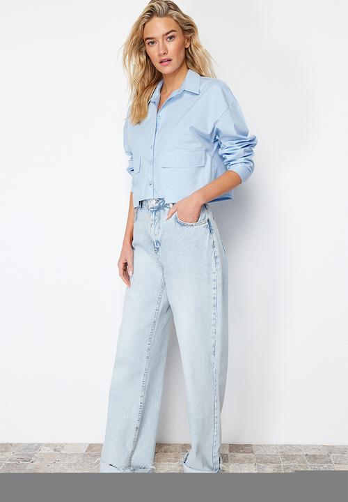 Trendyol - Blue Crop Pocket Detailed Woven Shirt - Blue