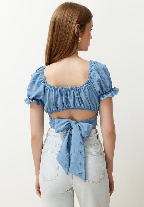 Trendyol - Blue crop sleeve detailed woven blouse - blue