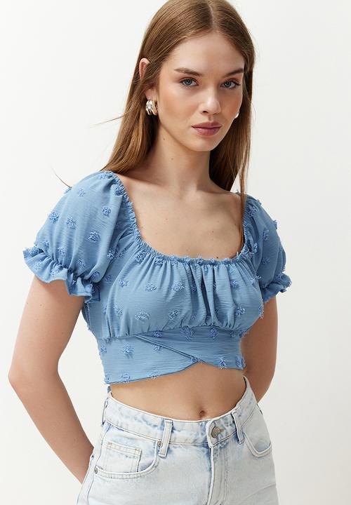 Trendyol - Blue crop sleeve detailed woven blouse - blue