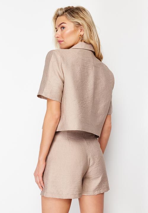 Trendyol - Short sleeve linen look blazer jacket - camel