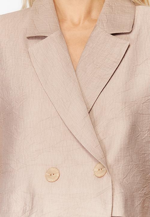 Trendyol - Short sleeve linen look blazer jacket - camel