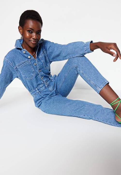 Trendyol - Waist Detailed Denim Overalls - Blue