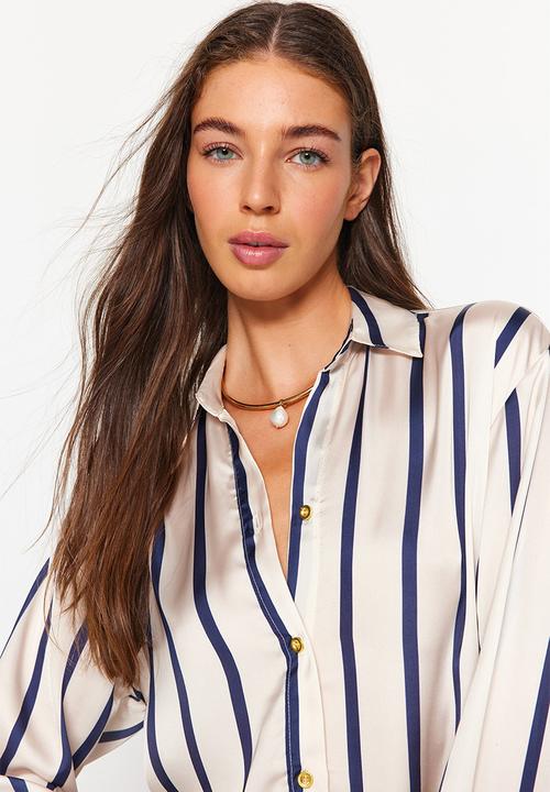 Trendyol - Striped satin shirt - ecru