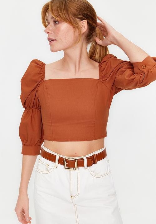 Trendyol - Crop balloon sleeve square neck woven blouse - brown