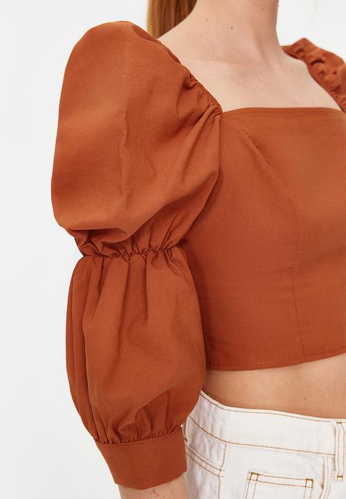 Trendyol - Crop balloon sleeve square neck woven blouse - brown