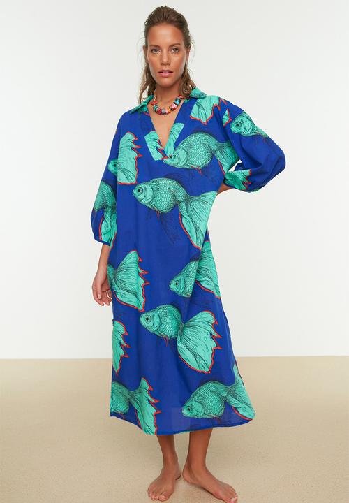 Trendyol - Underwater patterned wide fit midi dress - blue