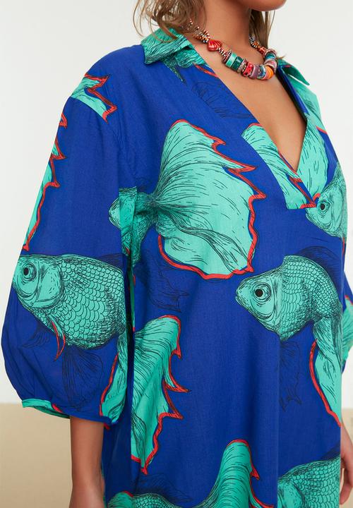 Trendyol - Underwater patterned wide fit midi dress - blue