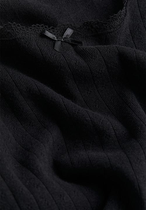 H&M - Lace-trimmed pointelle jersey top - black