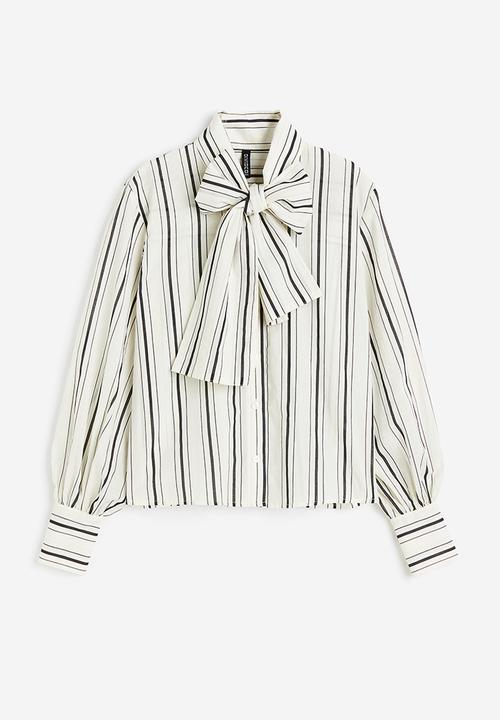 H&M - Poplin bow blouse - Cream Striped