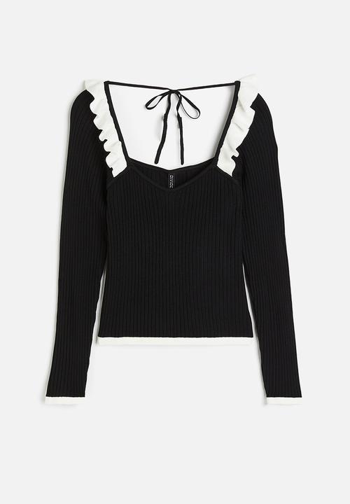 H&M - Frill-trimmed rib-knit top - black