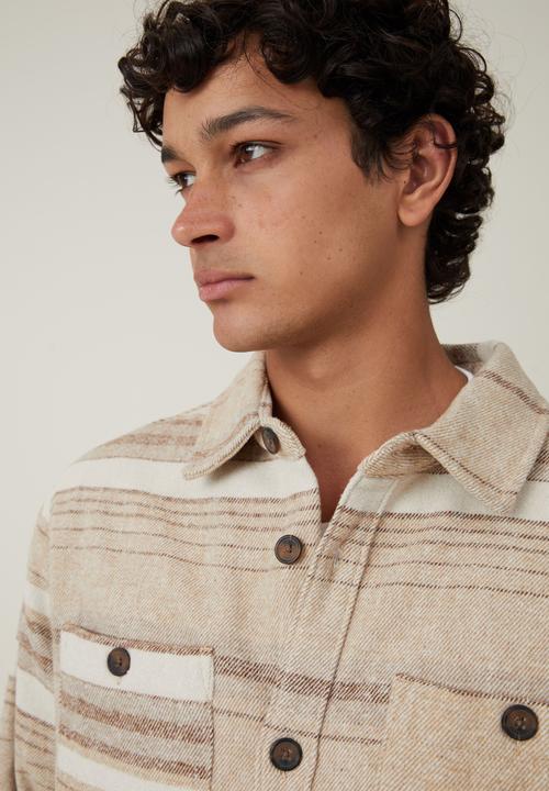 Cotton On - Heavy Overshirt - Tan Blanket Stripe