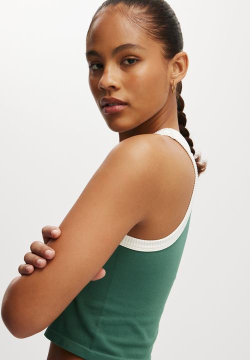 Cotton On - Seamless Ringer Tank - Sporty Green/ Coconut Milk
