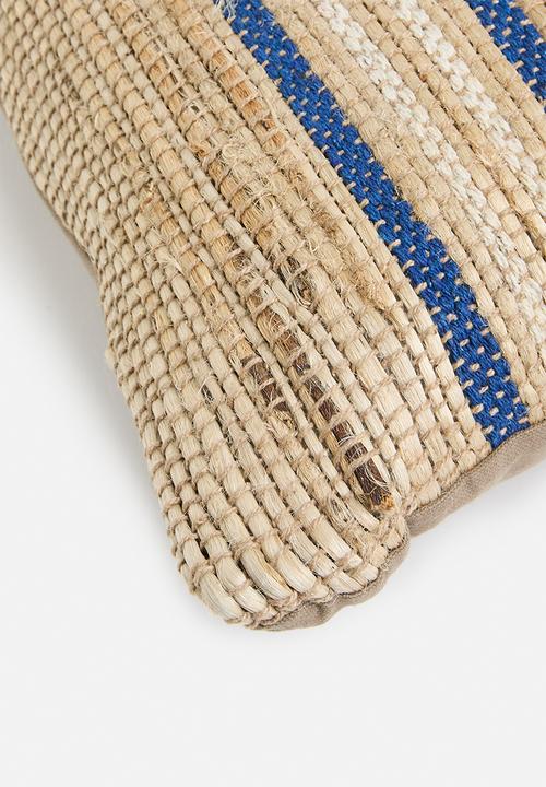 H&S - Twin strip jute cushion - blue & natural