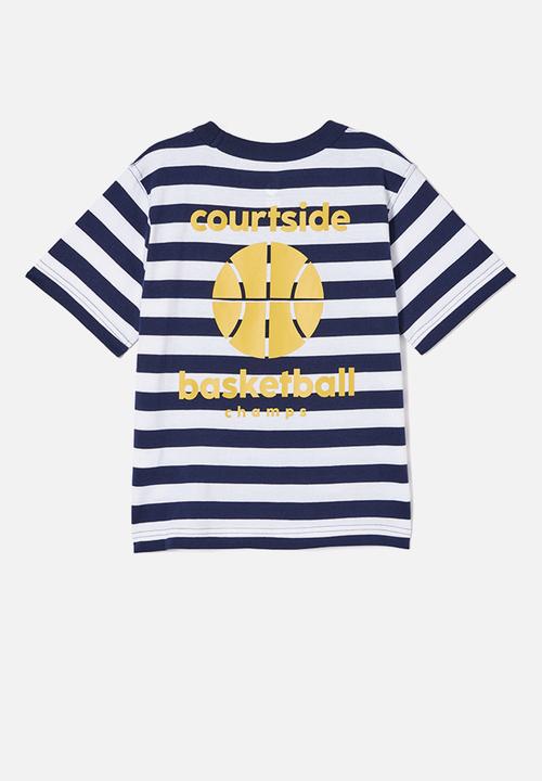 Cotton On - Jonny short sleeve print tee - in the navy/white stripe basketball champs
