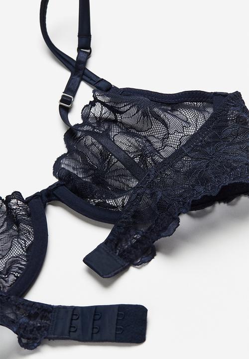 H&M - Non-padded underwired lace bra - navy blue