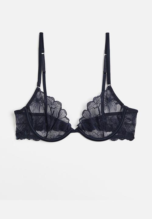 H&M - Non-padded underwired lace bra - navy blue