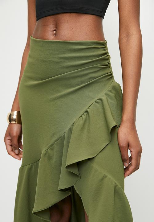 Trendyol - Khaki Flounce Double Breasted Midi Skirt - Khaki
