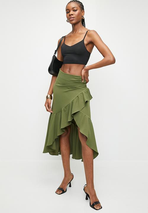 Trendyol - Khaki Flounce Double Breasted Midi Skirt - Khaki