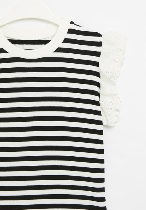 Pop Candy - Frilled sleeve striped top - black & white