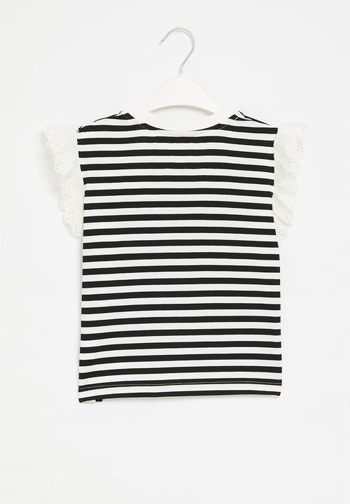 Pop Candy - Frilled sleeve striped top - black & white