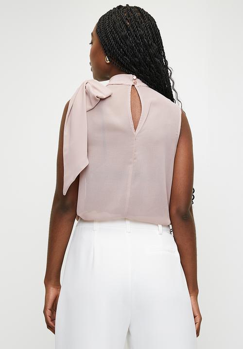 MILLA - Bow detail gathered high neck sheer blouse - bark