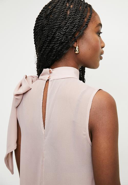 MILLA - Bow detail gathered high neck sheer blouse - bark