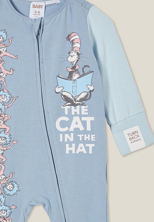 Cotton On - The long sleeve zip romper license - lcn drs dusty blue/cat in the hat