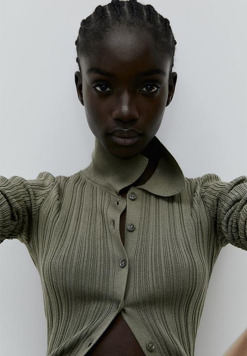 H&M - Rib-knit collared top - khaki green