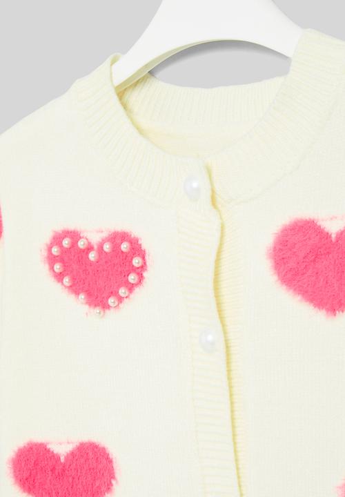 Pop Candy - Heart print cardigan - ecru & pink